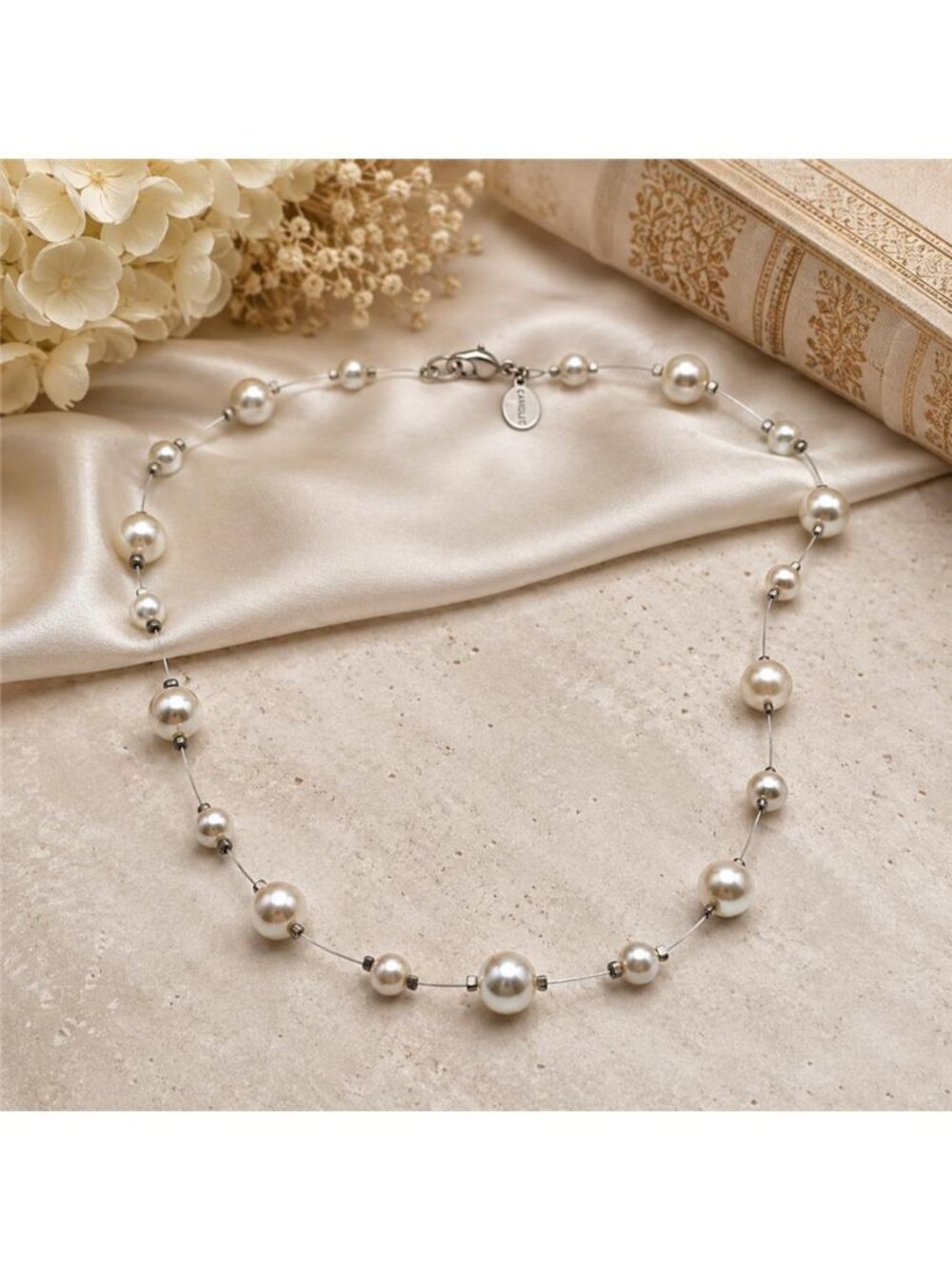 Carolee White Faux Pearl Illusion Station Necklace 16 In Silver Tone